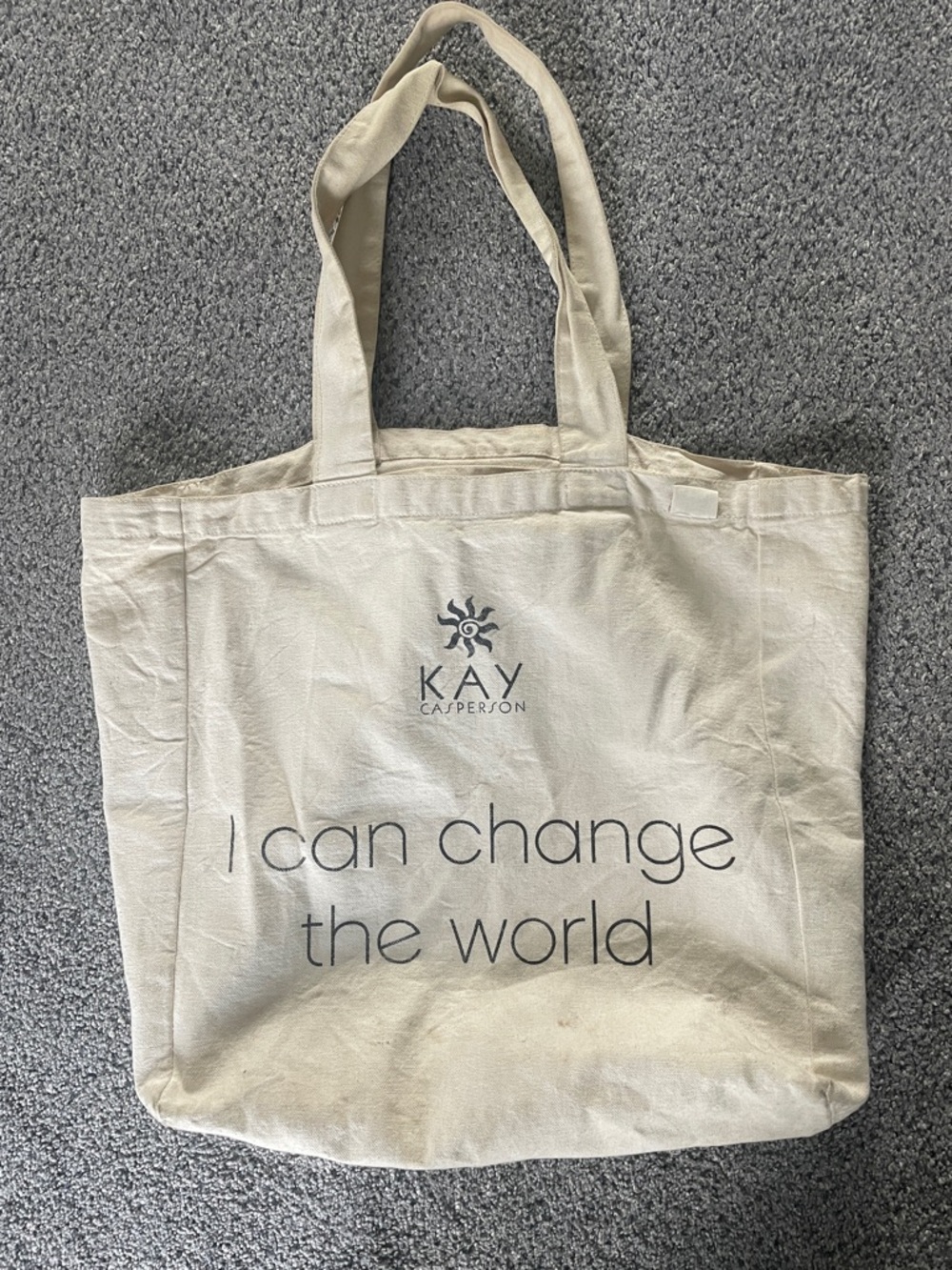 Beige Canvas Tote Bag - "I Can Change The World" 13 x 4 x 14